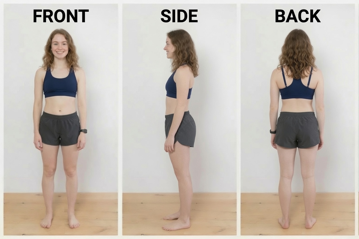 The same person photographed from three angles labelled Front, Side, and Back.