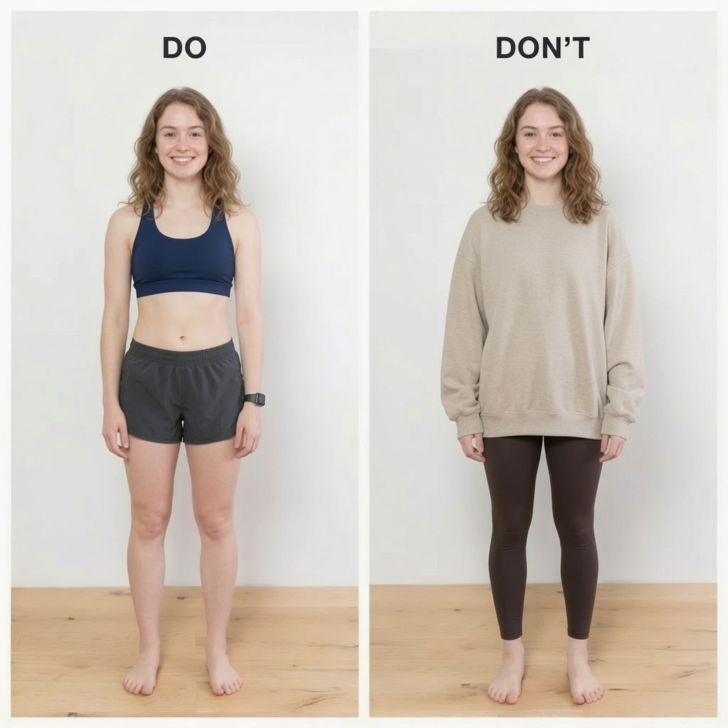 Two photos side by side: on the left, fitted athletic wear that shows the body's shape; on the right, a baggy oversized sweater that hides it.